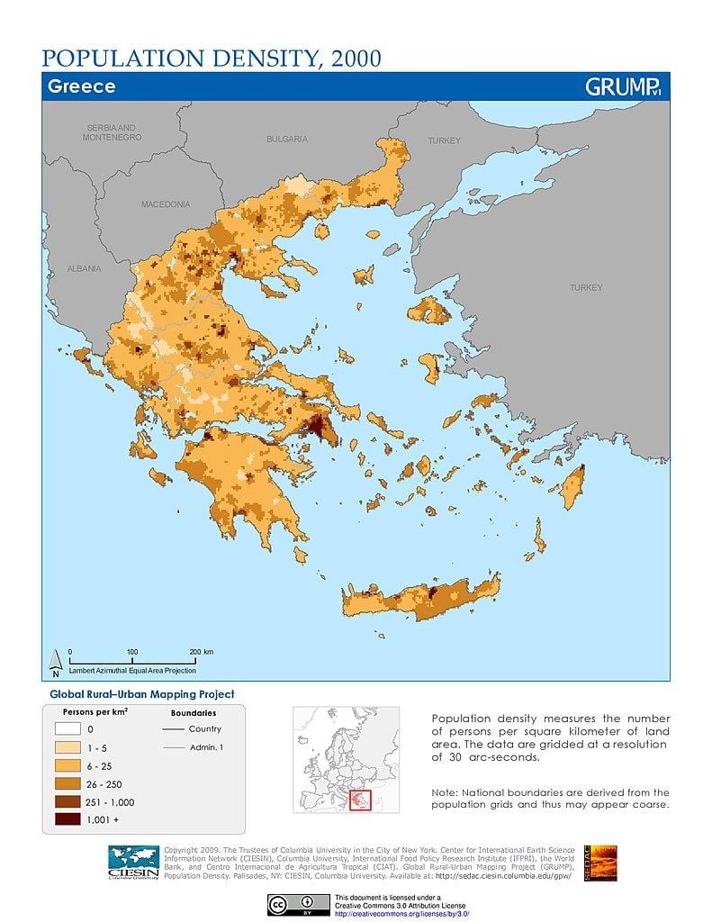 mapa gęstości zaludnienia Grecji